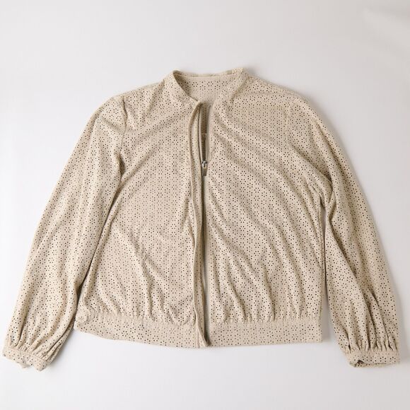 Zara Womens Sz M Beige Faux Suede Eyelet Bomber Jacket Full Zip Lightweight - Picture 6 of 8